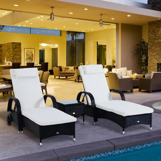 Rattan Lounge Set, Wheeled Chaise Chair, Tempered Glass Table, White Chaise Loungers Black Rattan, Cream White Cushion at Gallery Canada