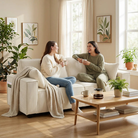 86" 3 Seater Sofa, Modern Corduroy Upholstered Couch, Beige 3-Seater Sofas Beige at Gallery Canada