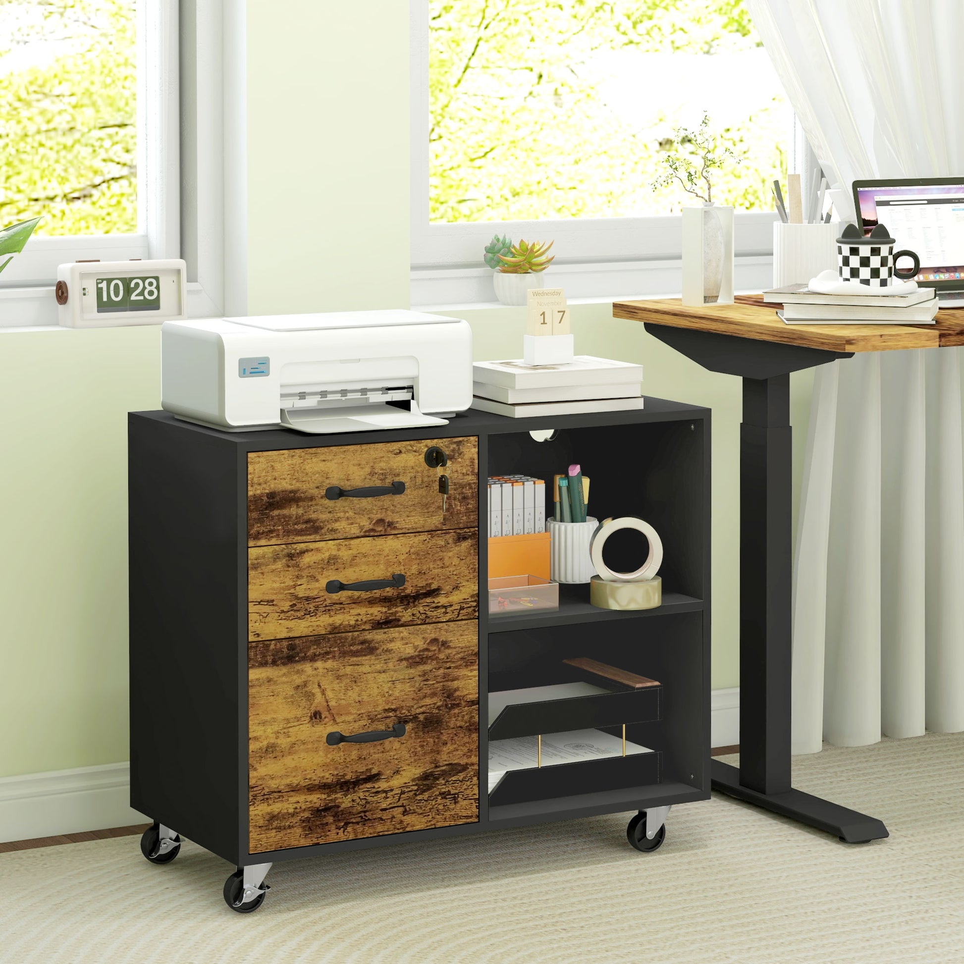Mobile Printer Stand with Charging Station USB Ports Locking Filing Cabinet for A4 Letter Size Rustic Brown and Black at Gallery Canada