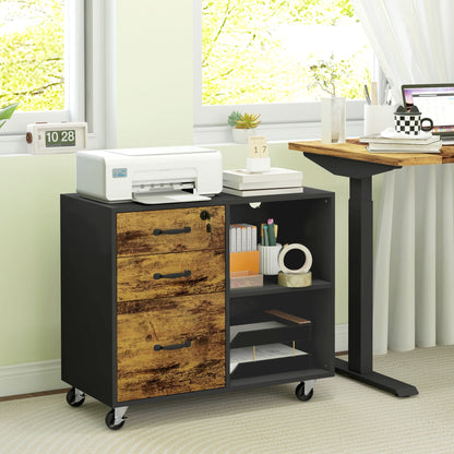 Mobile Printer Stand with Charging Station USB Ports Locking Filing Cabinet for A4 Letter Size Rustic Brown and Black at Gallery Canada