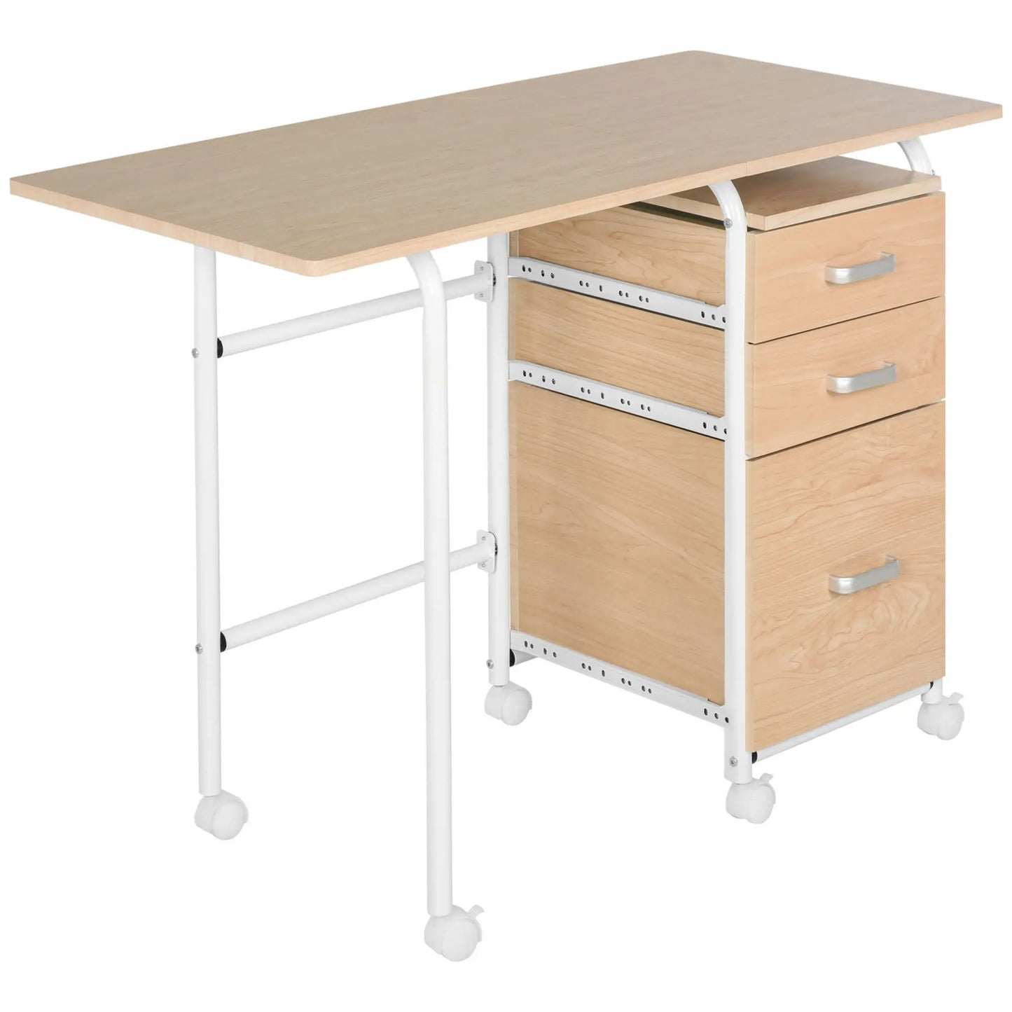 Foldable Computer Desk With Drawers, Storage Shelf, 6 Wheels, Natural Writing Desks at Gallery Canada