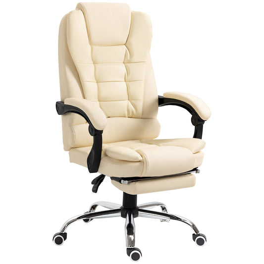 High Back Office Chair PU Leather Executive Office Chair with Retractable Footrest Padded Armrest Cream White - Gallery Canada
