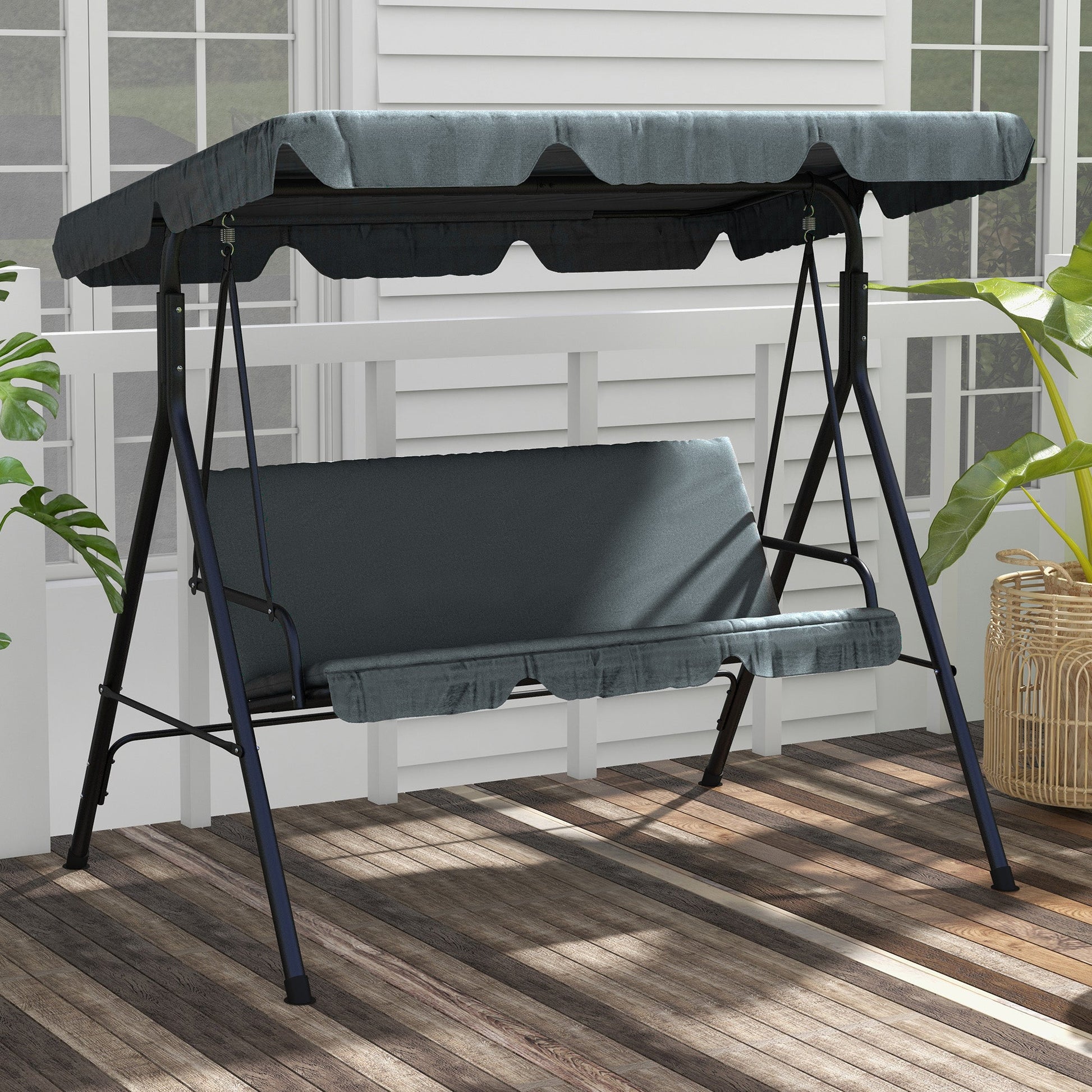 3-Seater Outdoor Porch Swing with Adjustable Canopy, Patio Swing Chair for Garden, Poolside, Backyard, Grey at Gallery Canada
