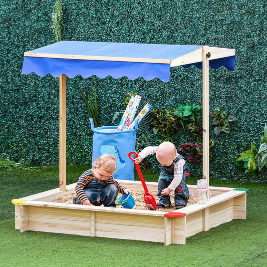 Kids Wooden Sandbox With Cover, 47" x 47" x 47", Natural Sandboxes & Accessories Natural Wood, Blue Canopy at Gallery Canada