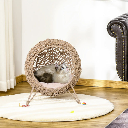 Rattan Cat House with Cushion, Elevated Wicker Kitten Bed, Natural Wood Cat Houses Natural at Gallery Canada
