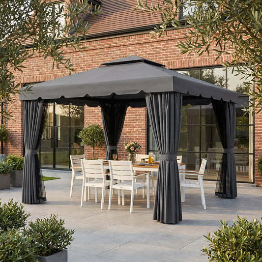 10' x 10' Gazebo Extérieur, Double Toit Souple, avec Rideaux, Gris Clair