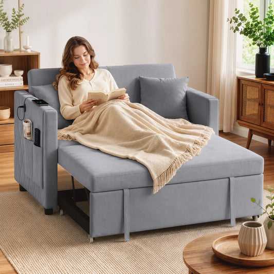 52" Velvet Sofa Bed, Pull Out Sleeper, USB Ports, Dark Grey Sofas & Reclining Chairs Dark Grey at Gallery Canada