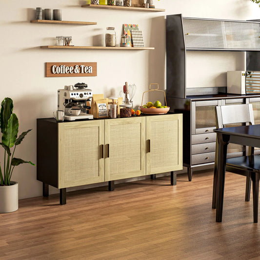 Boho Sideboard, 3 Rattan Doors, Adjustable Shelves, Natural, Black Storage Cabinets Black, Natural at Gallery Canada
