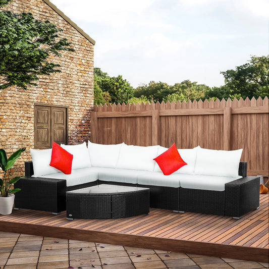 Wicker Sectional Sofa Set, Cushioned Patio Set with Coffee Table Patio Furniture Sets Dark Coffee Rattan, Cream White Cushion, Red Pillows at Gallery Canada