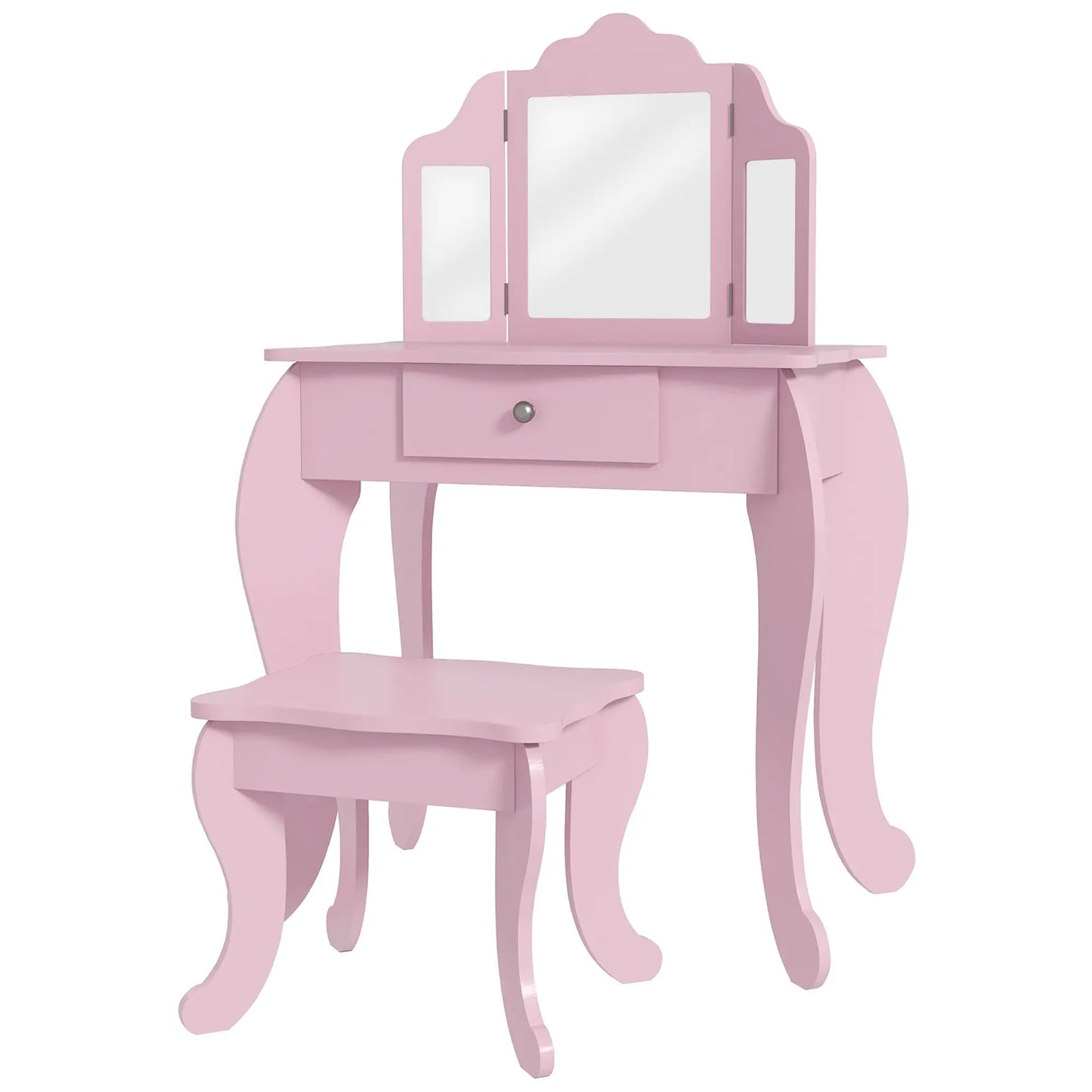 Kids Vanity Table and Stool, Makeup Set with Tri-Folding Mirrors, Pink Kids Bedroom Furniture at Gallery Canada