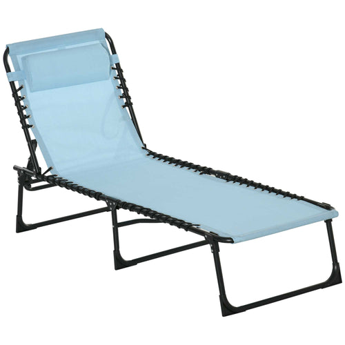 Outdoor Folding Lounge Chair, 4-Level Adjustable Chaise Lounge with Headrest, Tanning Chair Beach Bed Reclining Lounger Cot for Camping, Hiking, Backyard, Light Blue