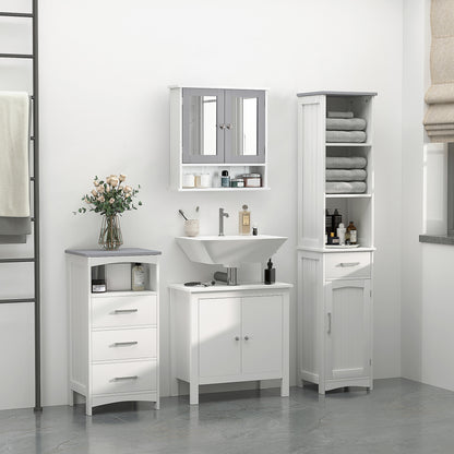 3-Piece Bathroom Furniture Set, Tall and Small Floor Cabinets, Wall Mount Medicine Cabinet with Mirror, Narrow Bathroom Storage Cabinet with Drawers and Shelves, White