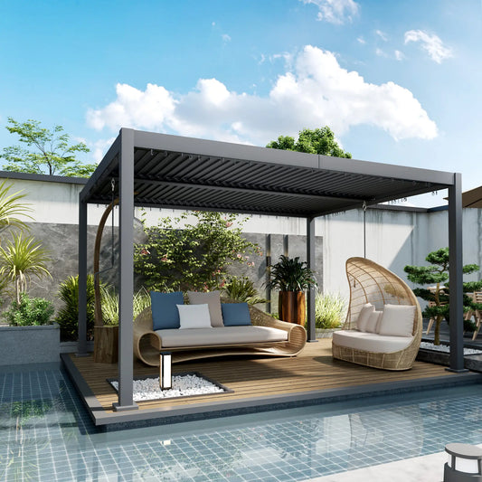 10' x 12' Adjustable Metal Roof Pergola, Aluminum Frame Outdoor Gazebo Pergolas Dark Grey at Gallery Canada
