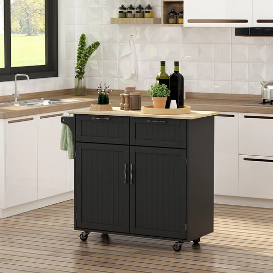 Rolling Kitchen Island, Cart with 2 Drawers, 2 Door Cabinets, Towel Rack, 2-Doors, Black Kitchen Islands & Kitchen Carts Black at Gallery Canada