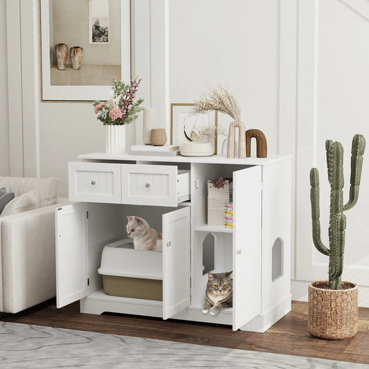 Cat Litter Box Enclosure with Drawer, Storage, Anti-Tip Kit, White Cat Litter Box Enclosures White at Gallery Canada