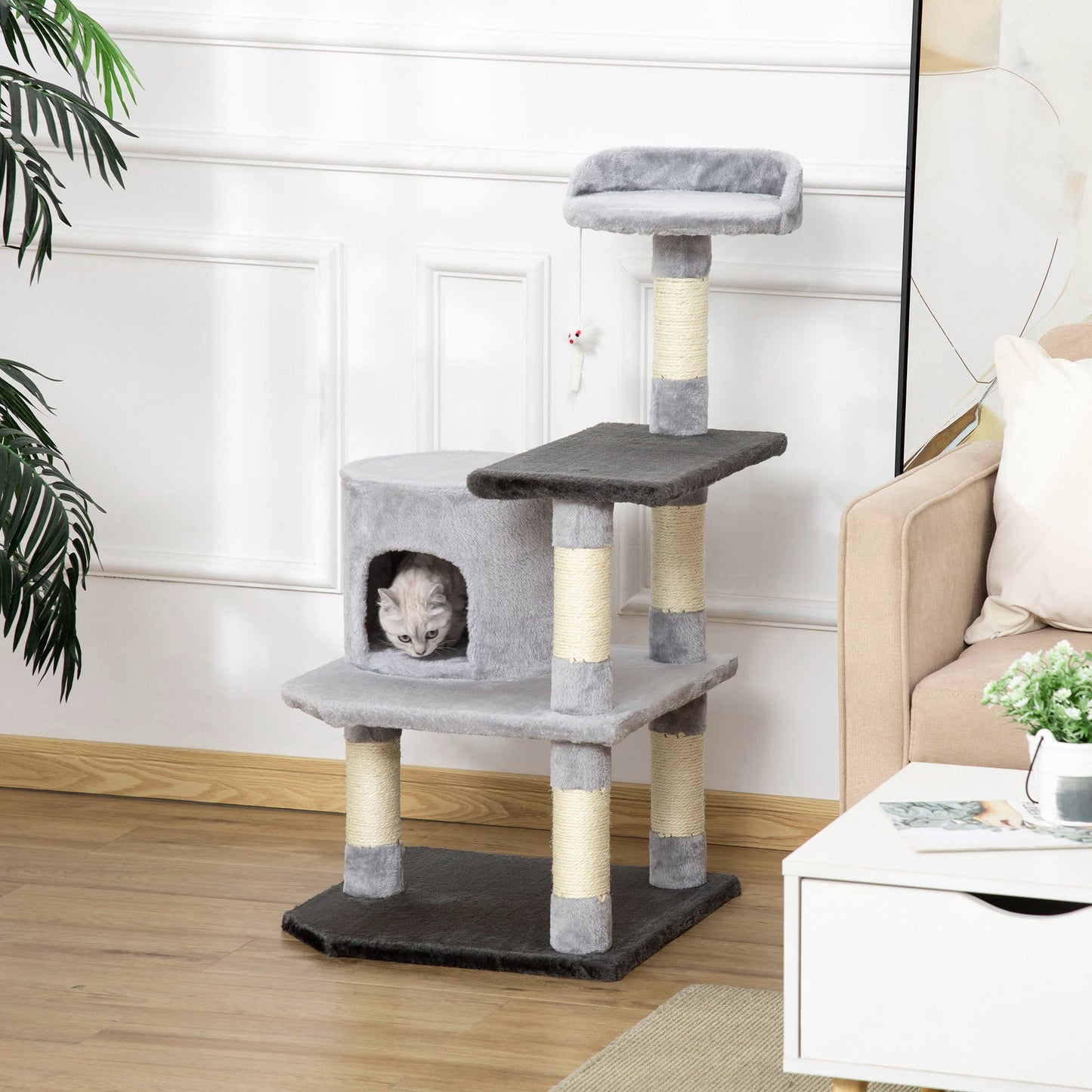 39" Cat Scratching Tree, Kitten Condo Playhouse, Kitty Activity Center, Rest Post Top Perch with Hanging Toy - Grey at Gallery Canada