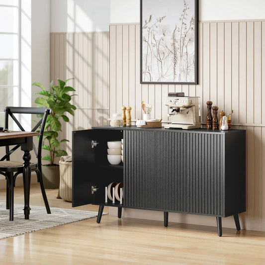 Buffet Cabinet with Storage, Modern Fluted Sideboard, Black Bar Cabinets Distressed Black at Gallery Canada