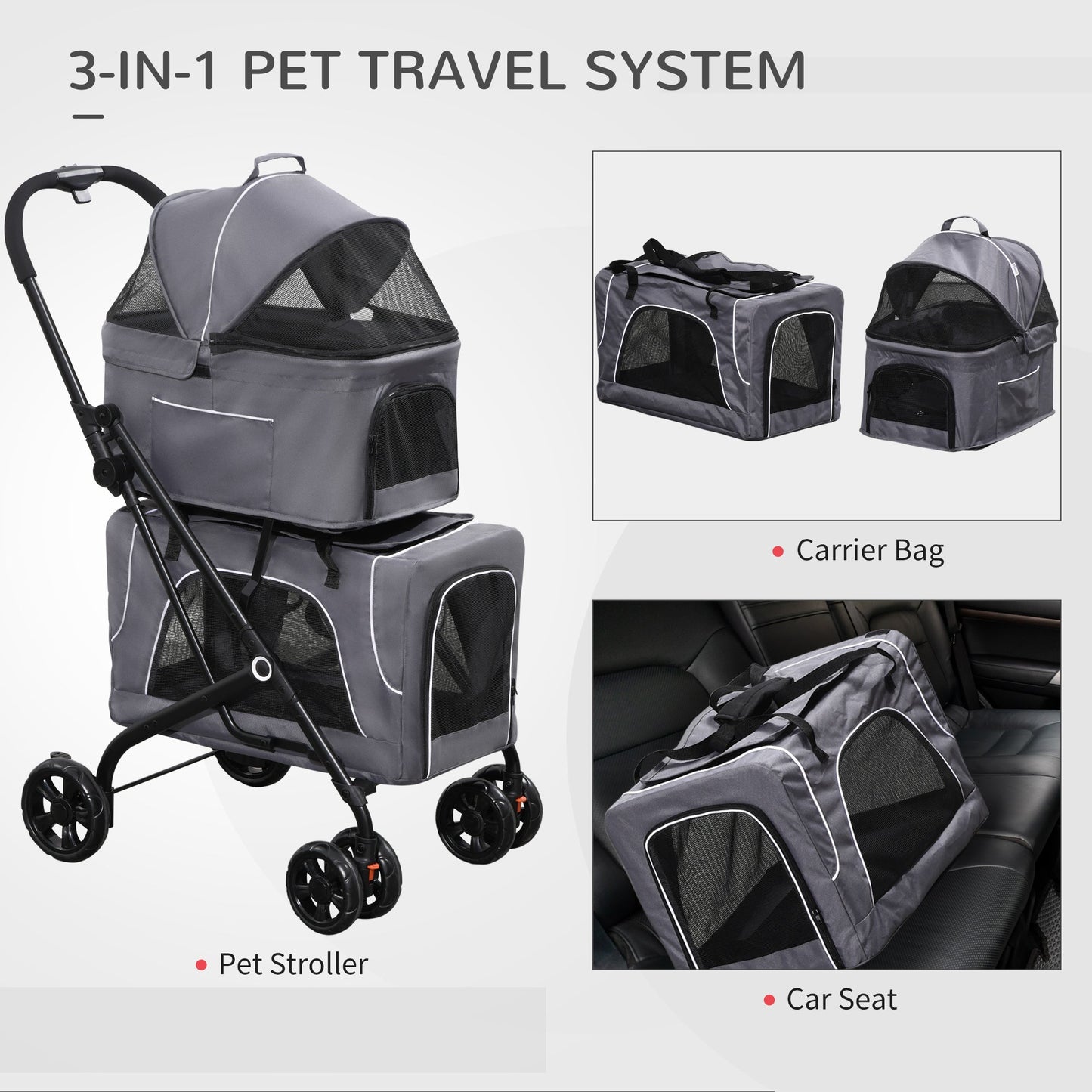 3-in-1 Double Pet Stroller for Small Miniature Dogs Cats with Removable Carrier, Foldable Travel Carrier Bag, Car Seat, Grey at Gallery Canada