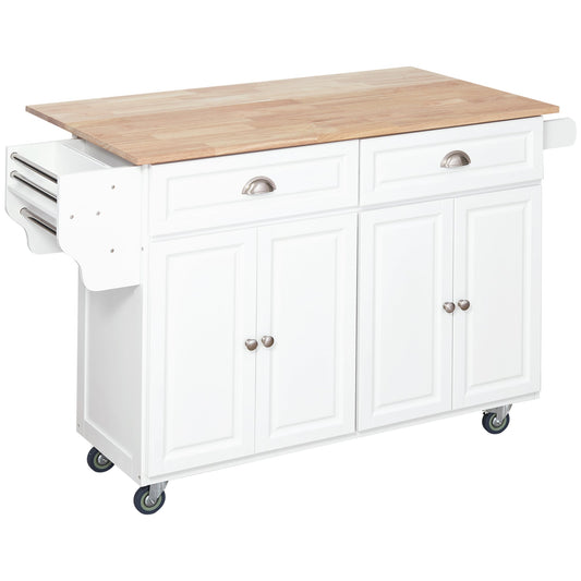 Rolling Kitchen Island on Wheels Utility Cart with Drop-Leaf, Rubber Wood Countertop, Storage Drawers, Door Cabinets and Adjustable Shelves, White at Gallery Canada