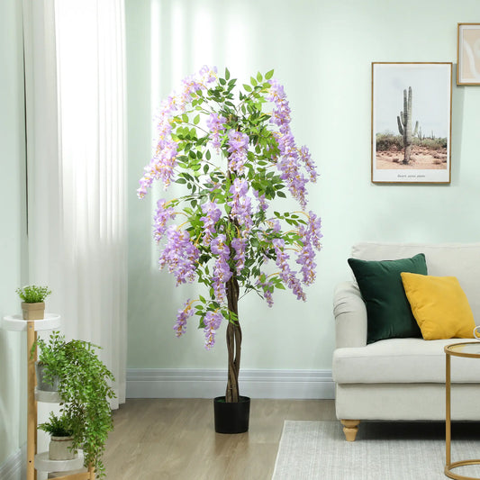 5.9FT Artificial Wisteria Tree, Natural Wood Trunk, Nursery Pot, Purple