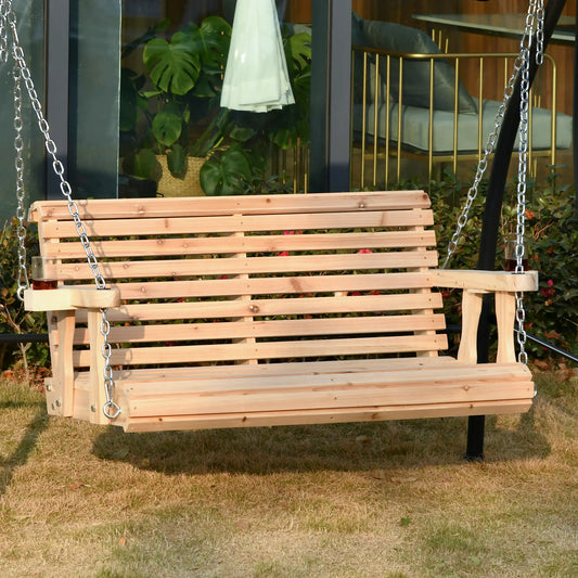 2 Seater Wooden Porch Swing, Patio Chair with Cup Holder, Chains, Natural Hanging Porch Swings Natural at Gallery Canada