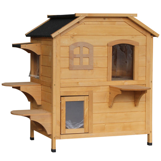 Wood Outdoor Cat House 2-Stories Catio for Cats with Indoor Lounge Space, Fun Entrances, Yellow - Gallery Canada