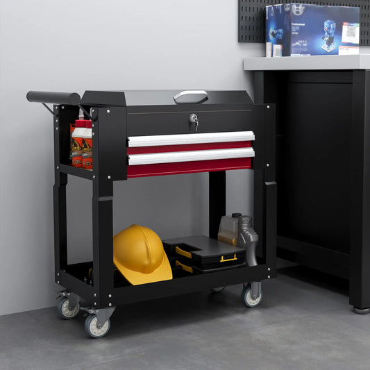 Tool Cart on Wheels, 2 Drawers, Lockable Flip Top, Black Tool Organizers Black, Red at Gallery Canada