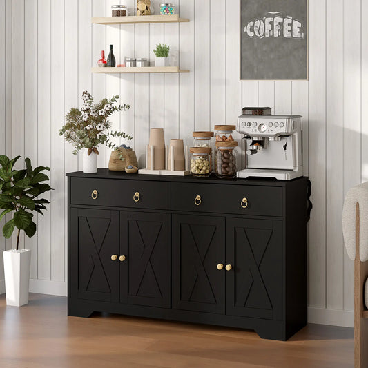 Sideboard Cabinet, 2 Drawers, 4 Barn Doors, 2 Adjustable Shelves, Black Bar Cabinets Black at Gallery Canada