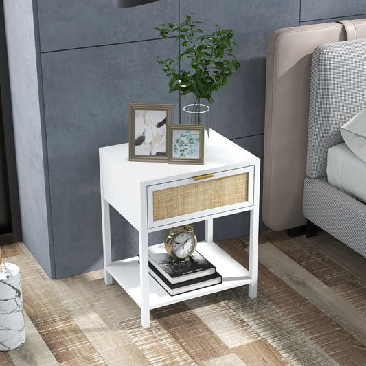 Boho Nightstand, Bedside Table with Rattan Drawer, Open Shelf Bedside Tables White at Gallery Canada