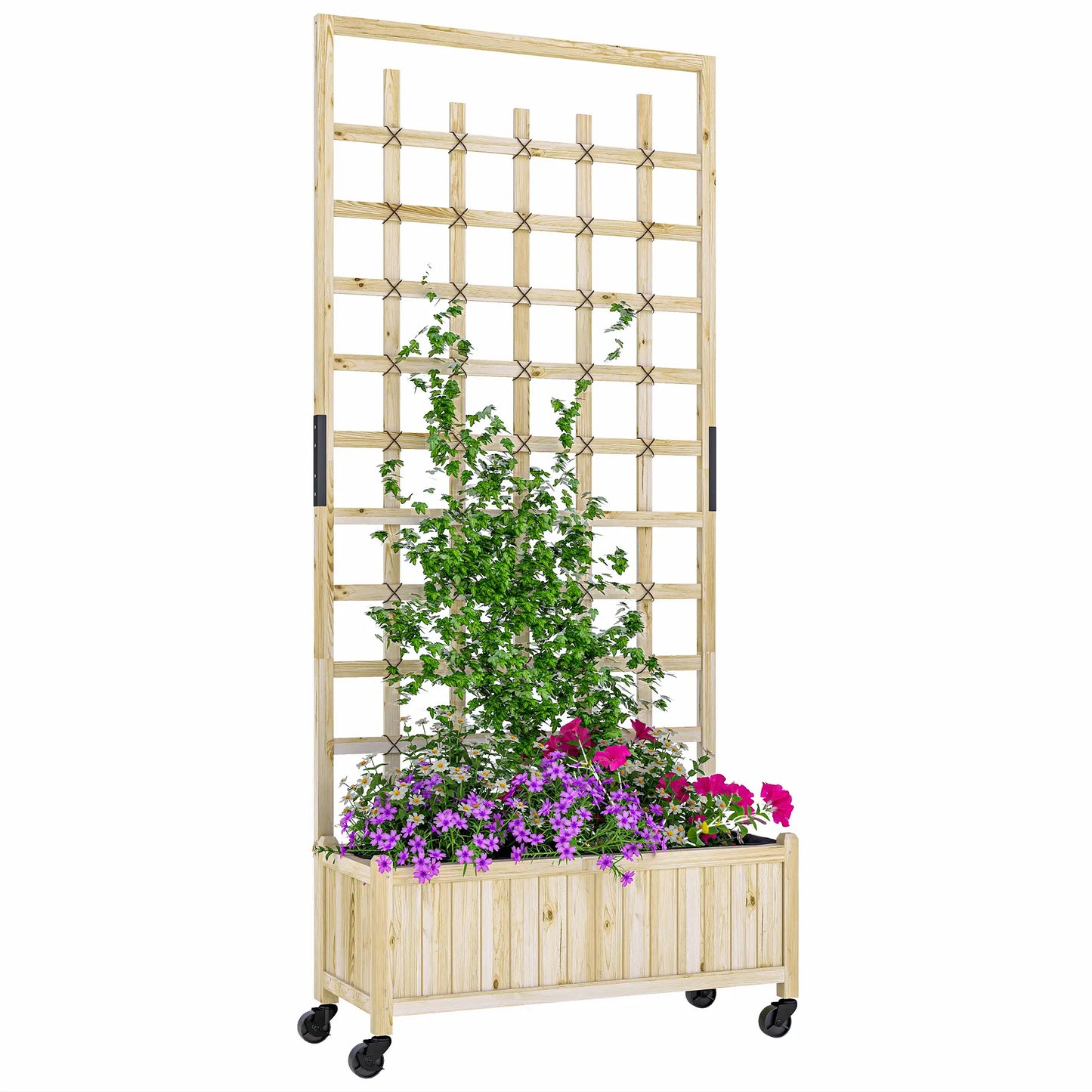 Wooden Planter With Trellis, Raised Garden Bed With Wheels, Drainage Holes