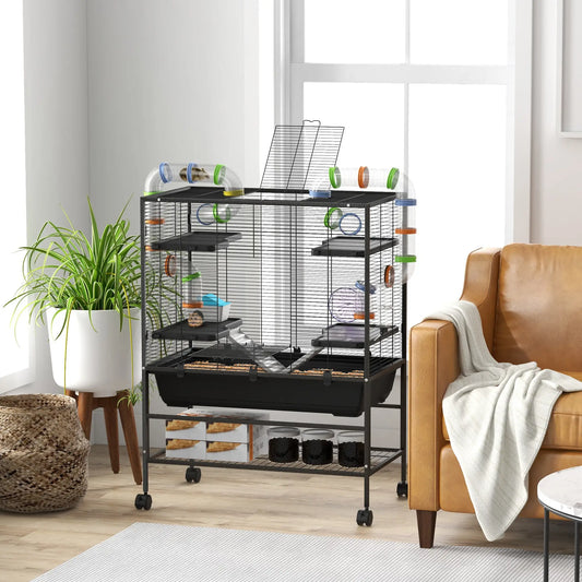 43" Rolling Hamster Cage, Tunnel Tube System, Storage Shelf, Exercise Wheel Hamster Cages Black Frame, Colourful Pipes at Gallery Canada
