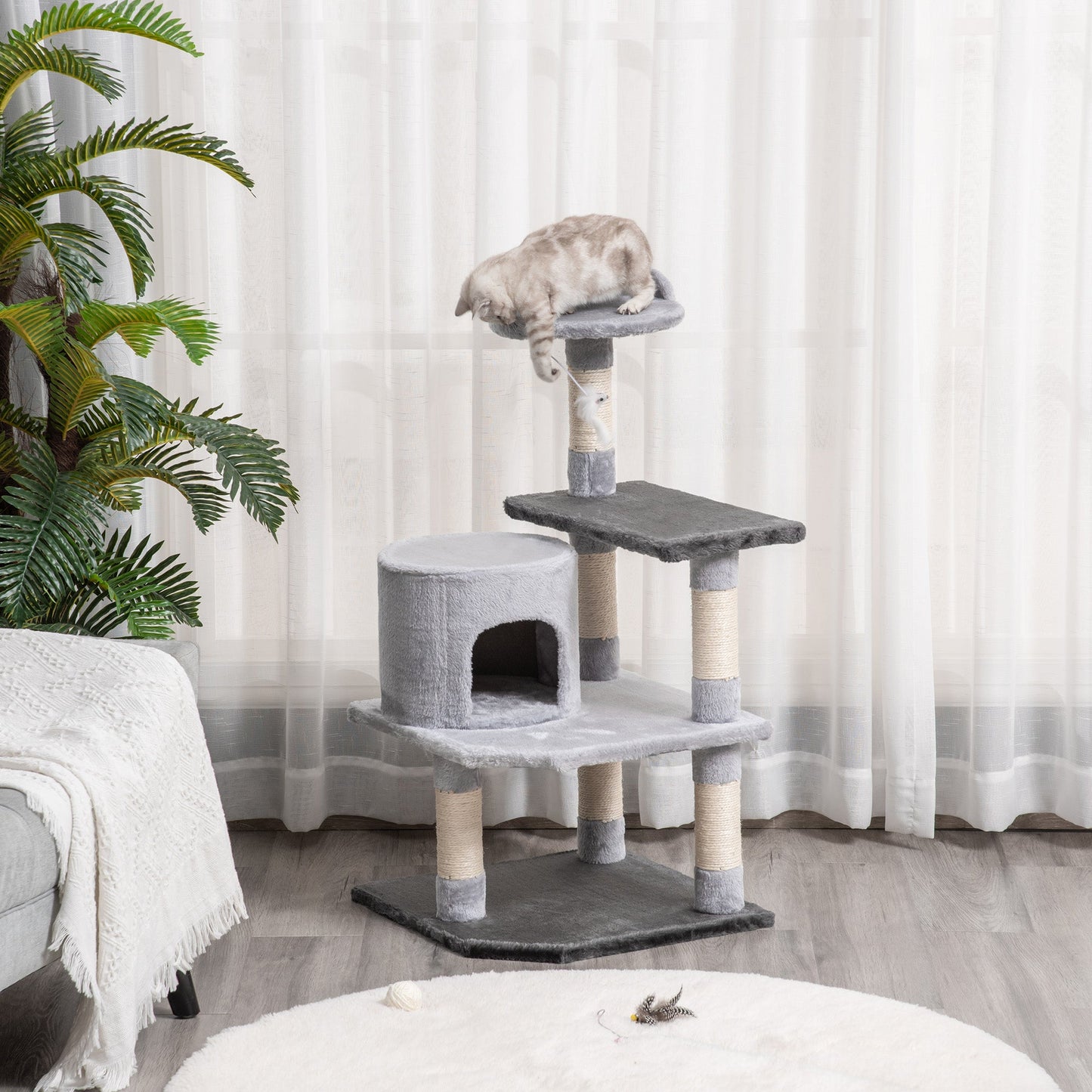 39" Cat Scratching Tree, Kitten Condo Playhouse, Kitty Activity Center, Rest Post Top Perch with Hanging Toy - Grey at Gallery Canada