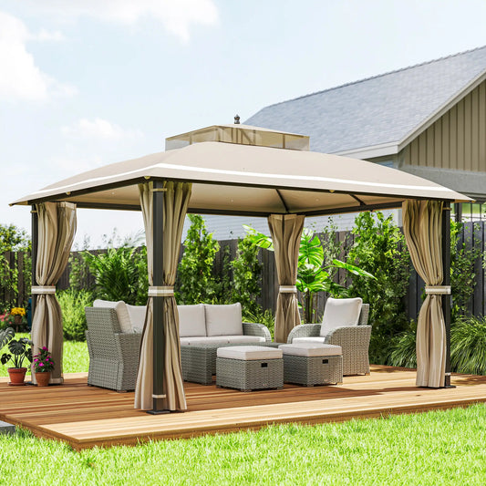 10' x 12' Outdoor Gazebo, Double Roof with Netting, Curtains Gazebos Beige at Gallery Canada