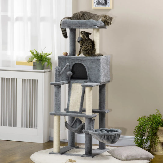 55" Cat Tree, Cat Tower with Bed, Ramp, Hammocks, Toys, Grey