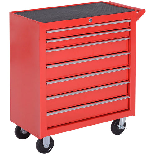 7 Drawer Roller Tool Chest, Mobile Lockable Toolbox, Storage Organizer with Handle for Workshop Mechanics Garage, Red
