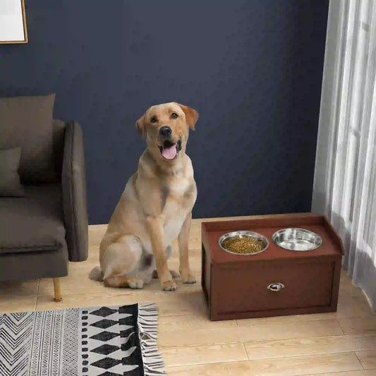 Raised Dog Bowls with Storage, 2 Stainless Steel Bowls, 23.6"x11.8"x14.2", Brown Dog Bowls Brown at Gallery Canada