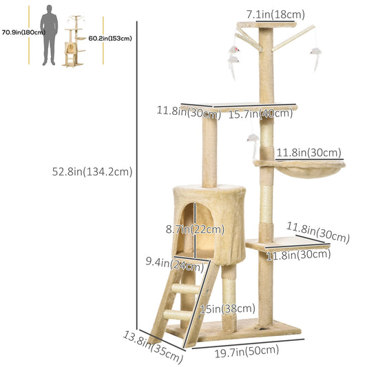 52" Multi-Level Cat Tree, Kitten Playhouse, Cat Activity Center with Scratching Post Rest Condo, Hammock Beige - Gallery Canada