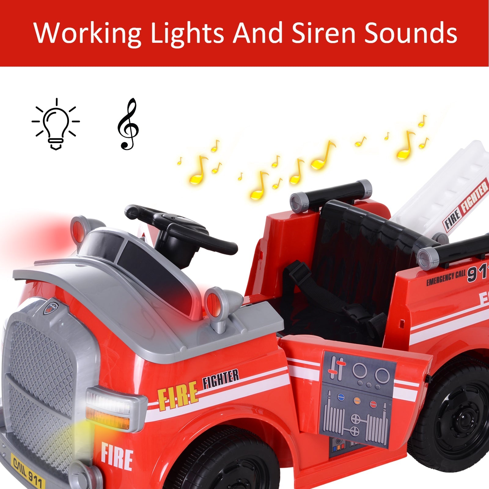 6V Kids Ride-On Car Fire Truck Pretend Play Toy Car with Parental Remote Control, Safety Belt, Realistic Lighting, working steering wheels, horn and lift ladder (Red) at Gallery Canada