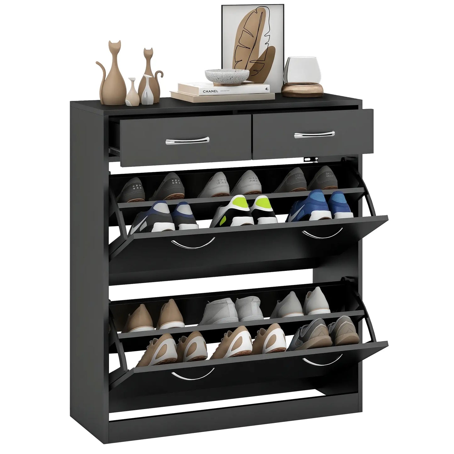 Narrow Shoe Storage, 2 Flip Drawers, Adjustable Shelves, Holds 12 Pairs, Black Shoe Storage Cabinets & Racks at Gallery Canada