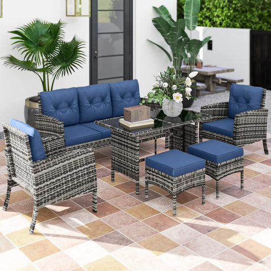 6 Piece Patio Set, Chairs, Ottomans, Sofa, Glass Table, Navy Blue Patio Furniture Sets Grey Rattan, Navy Blue Cushion at Gallery Canada