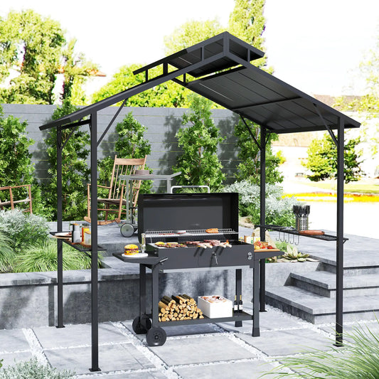 8 x 5ft Hardtop Grill Gazebo, Double Metal Roof, 2 Side Shelves, 10 Hooks BBQ Grill Gazebos Black at Gallery Canada