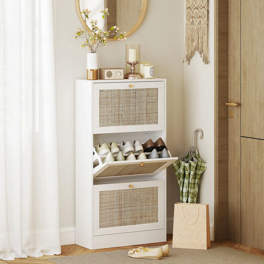 Rattan Shoe Storage Cabinet, 3 Flip Drawers, Adjustable Shelves, 18 Pairs, White Shoe Storage Cabinets & Racks White, Natural Wood at Gallery Canada