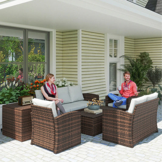 6-Piece Wicker Patio Furniture Set, 7-Seater with Cushions, Cream White Patio Furniture Sets Mixed Brown Rattan, Cream White Cushion at Gallery Canada