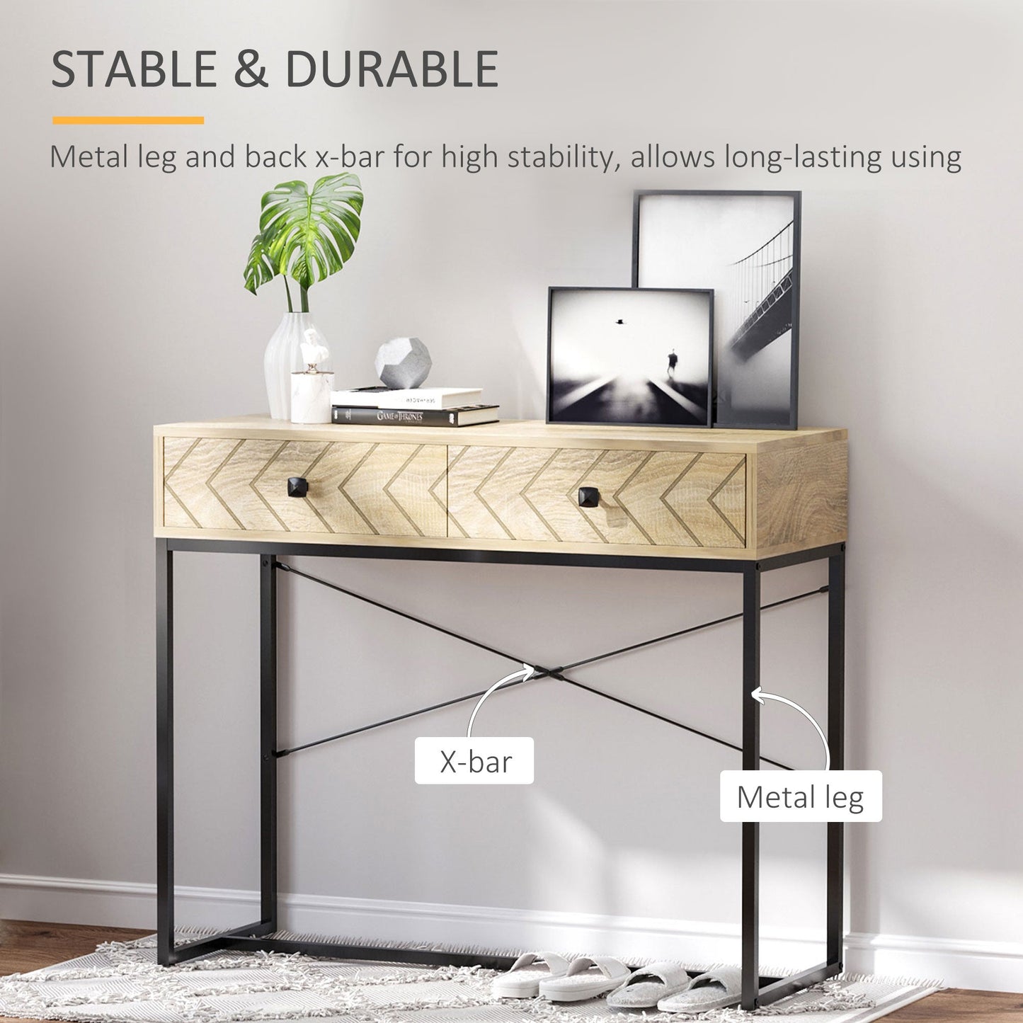 Industrial Console Table with 2 Storage Drawers, Elegant Side Table with Metal Frame and Back X-Bar for Living Room, Study Room, Office at Gallery Canada