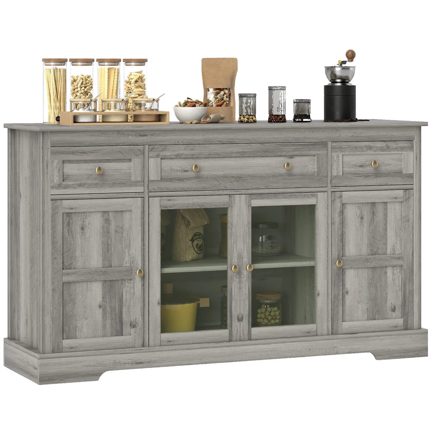 Sideboard Buffet Cabinet, Coffee Bar with Glass Doors, Adjustable Shelves, Weathered Grey Oak, Grey Bar Cabinets at Gallery Canada