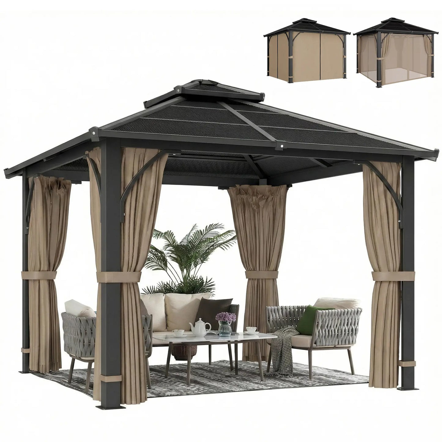 10' x 10' Hardtop Gazebo, 7mm Double Polycarbonate Roof, Netting And Curtains, Khaki Gazebos at Gallery Canada