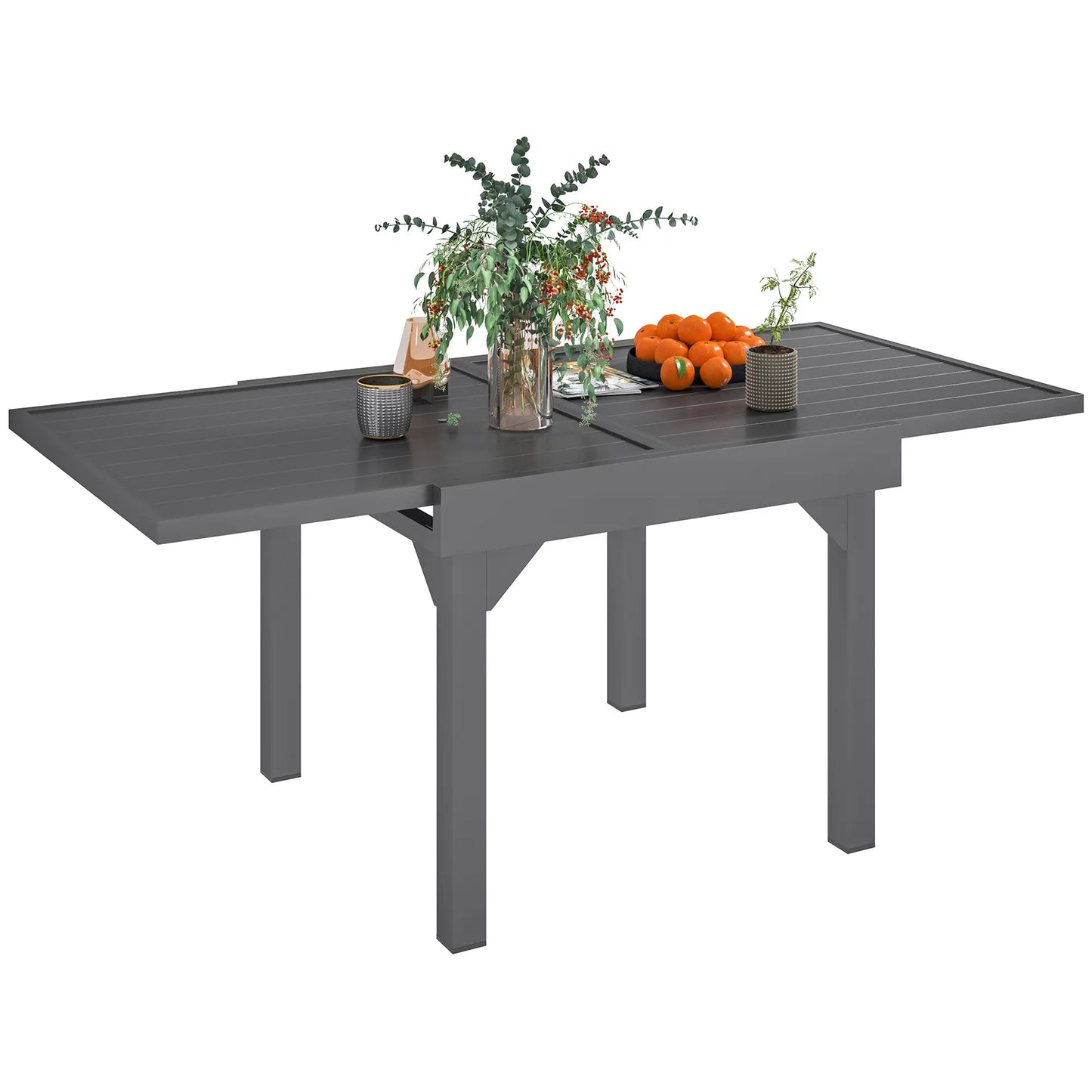 35-71 Inch Extendable Aluminum Outdoor Dining Table, Slatted Top, Grey