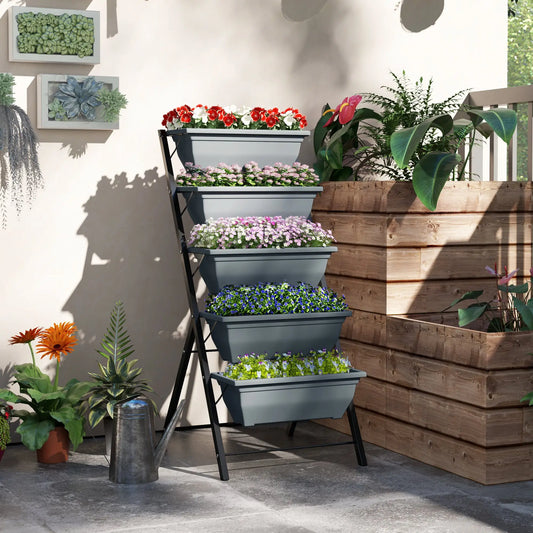 5-Tier Raised Garden Bed, Plant Stand with Leaking Holes, Grey Plant Stands Grey at Gallery Canada