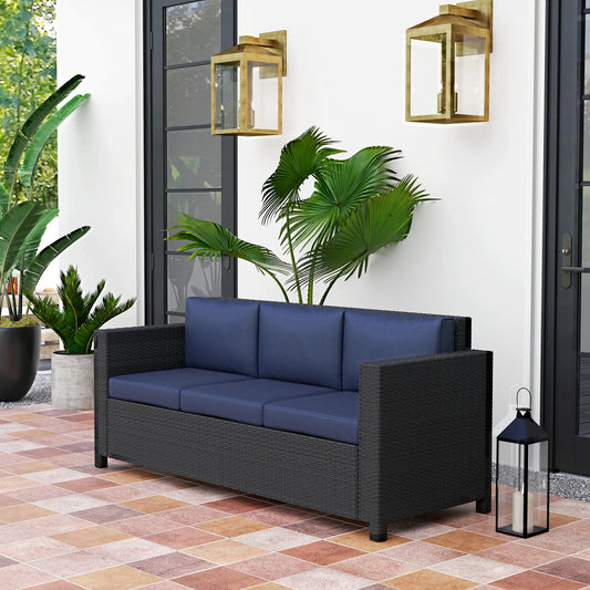 3 Seat Rattan Wicker Sofa, Outdoor Patio Furniture, Navy Blue Patio Furniture Sets Navy Blue at Gallery Canada
