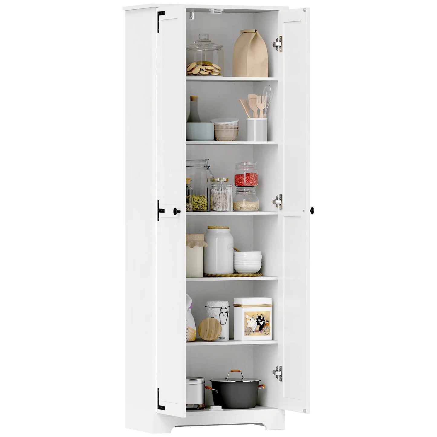 67" Farmhouse Pantry Cabinet, 2 Doors, Adjustable Shelves, Distressed, White Storage Cabinets at Gallery Canada